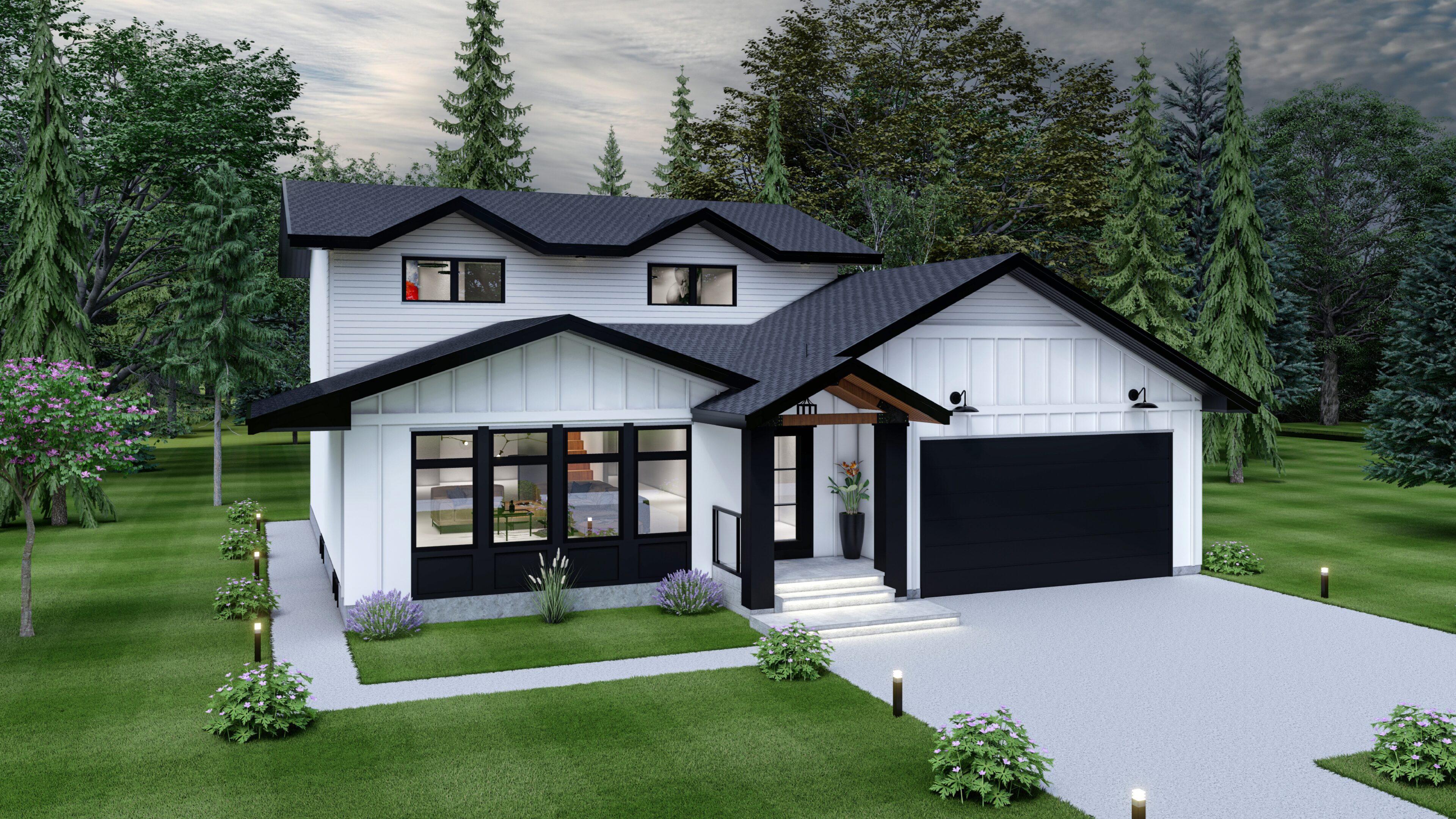 A house with black trim and white siding.