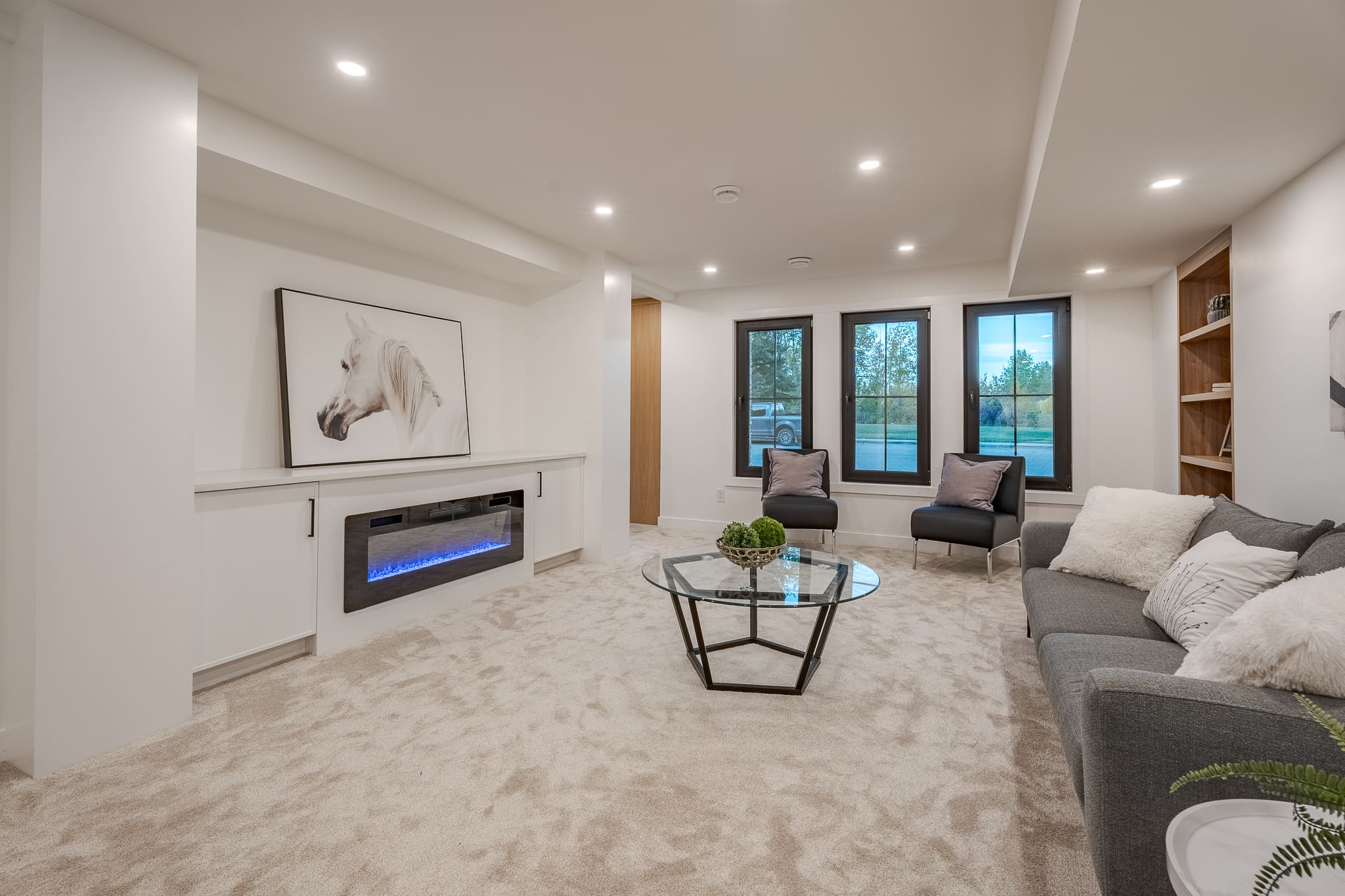 A living room with white walls and carpet.