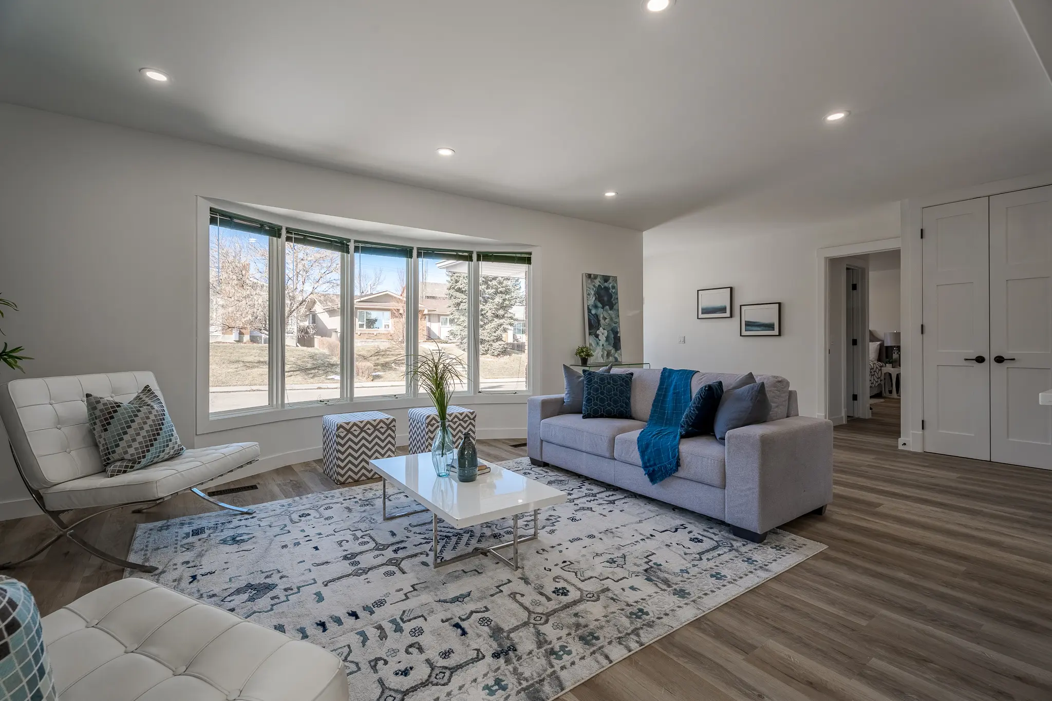 A living room with a couch and a table